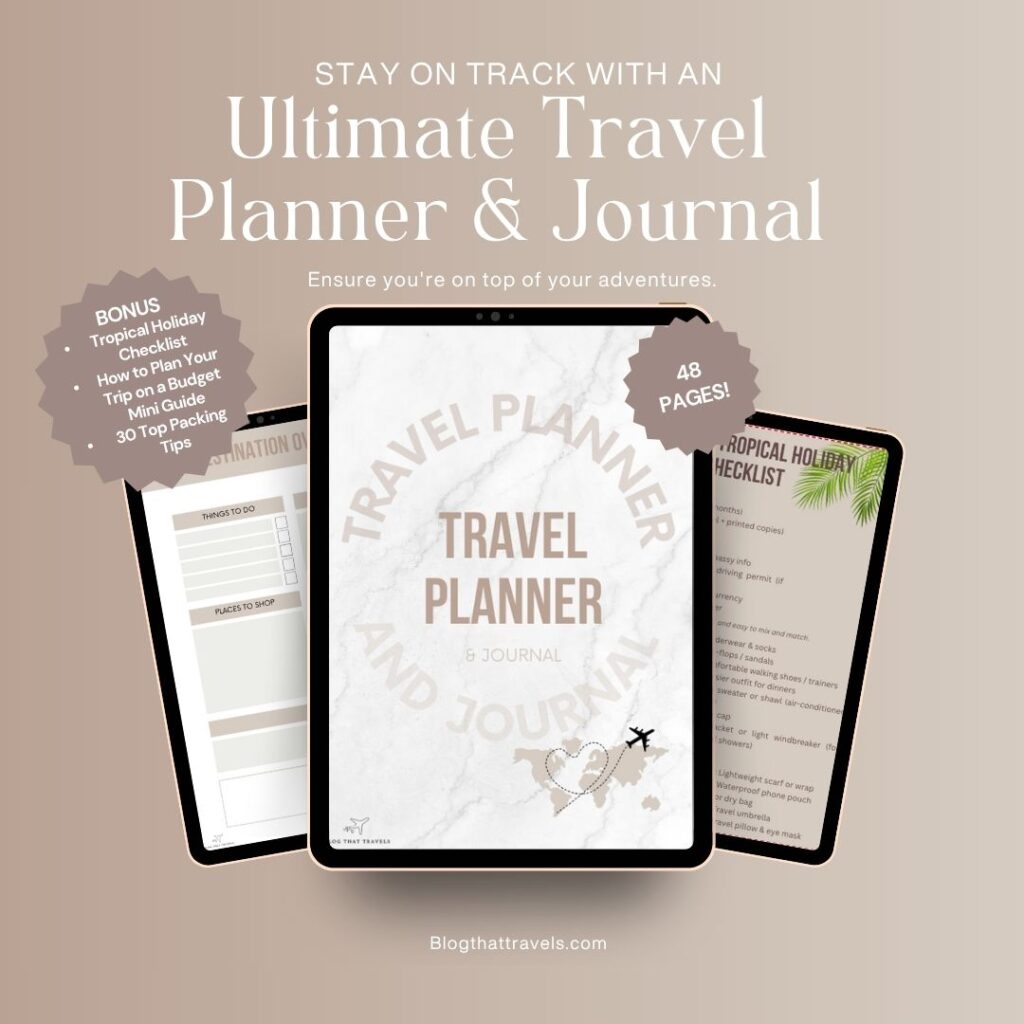 image of three tablets displaying a preview of a digital travel planner