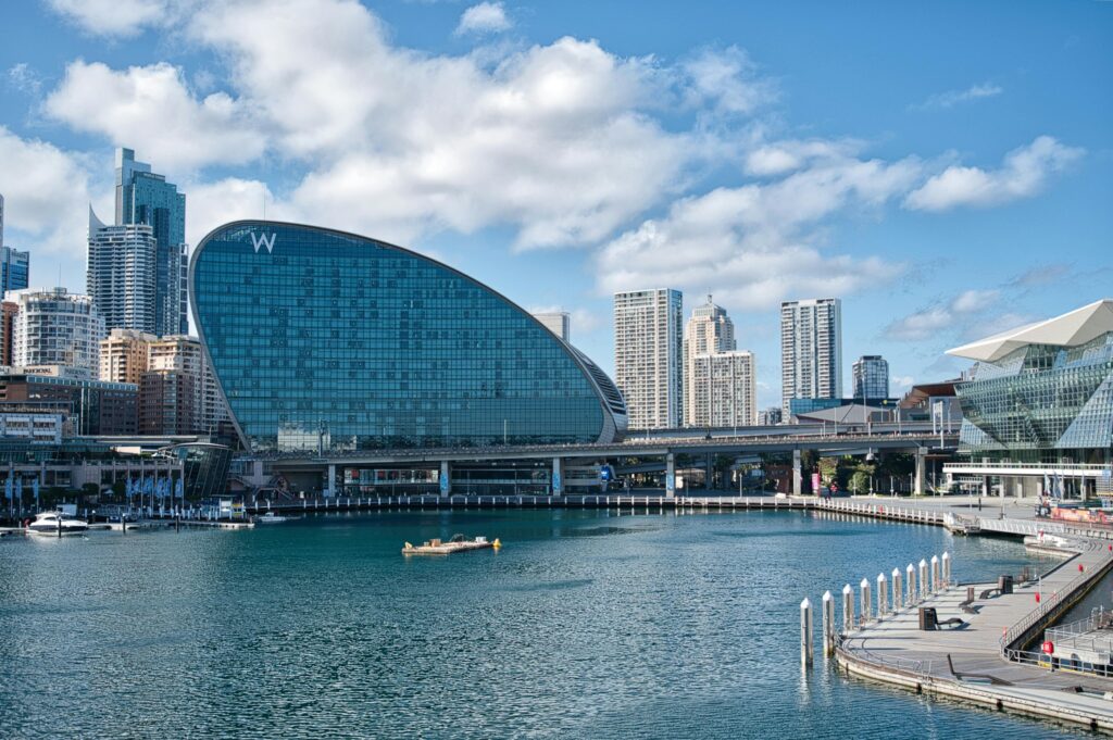 water bay with skyline view of the IMAX and W Hotel, Darling Harbour sydney